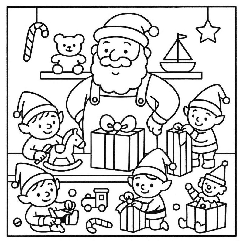 Desenho de Papai Noel com duendes para colorir em uma oficina festiva