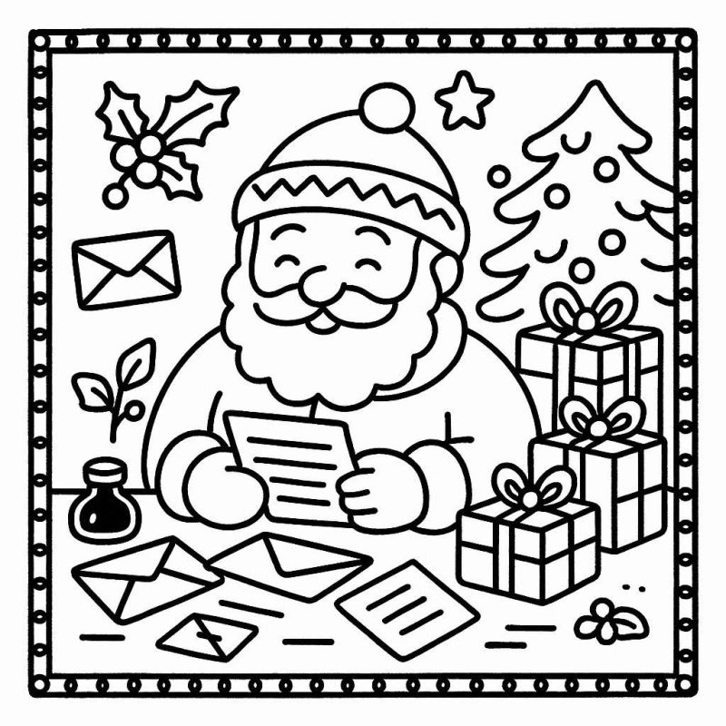 Desenho para colorir de Papai Noel com cartas de Natal e estrela
