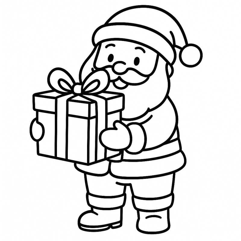 Desenho de Papai Noel com presente quadrado, ideal para colorir