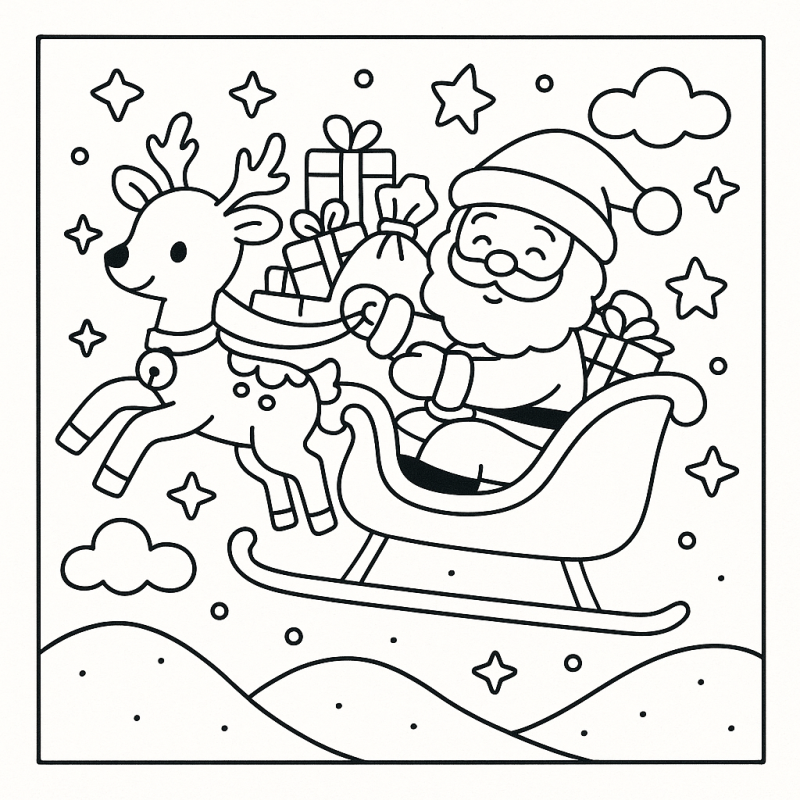 Cena natalina com Papai Noel no trenó voando pelos céus com presentes e rena.