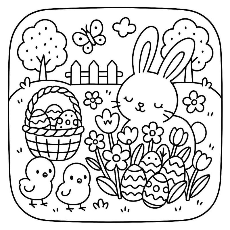 Desenho de coelho com flores, ovos de Páscoa e topiaria para colorir