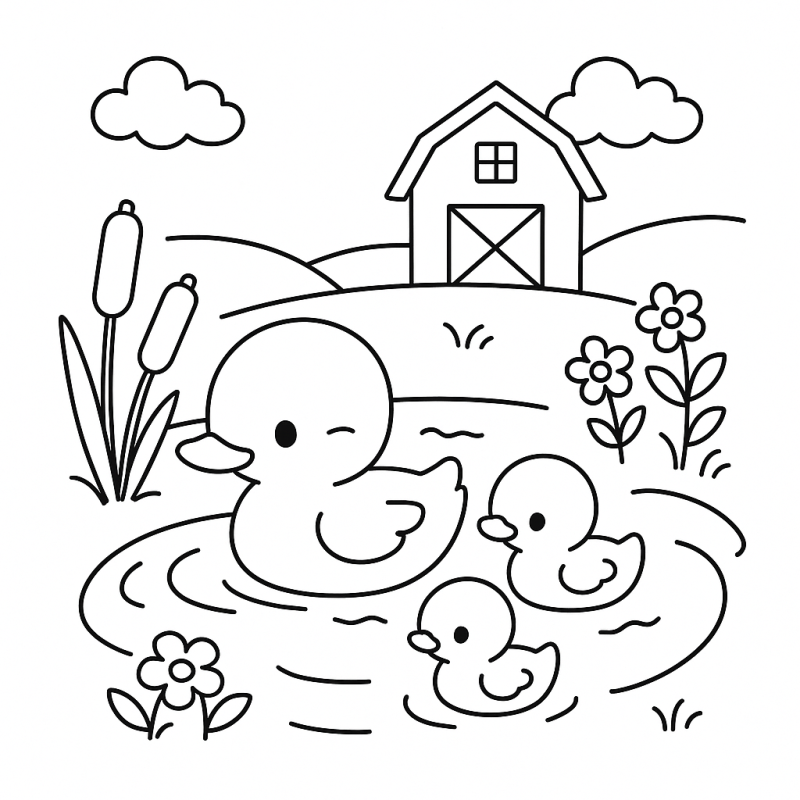 Patinhos no Lago: Uma Cena Campestre para Colorir