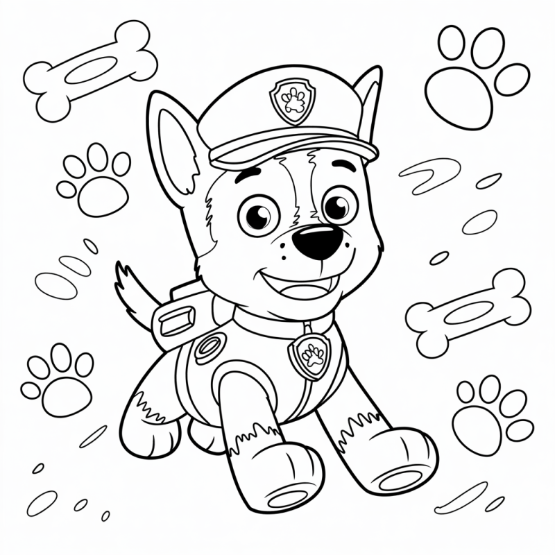 Desenho do Chase da Patrulha Canina sorrindo, fácil de colorir