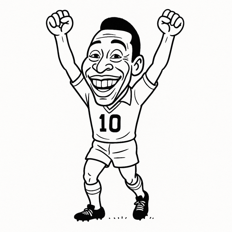 Desenho cartunesco de Pelé comemorando vitória para colorir