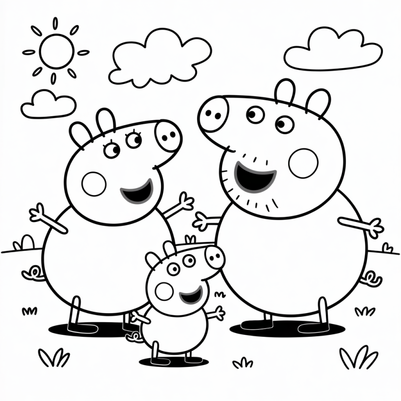 Desenho de Peppa Pig e família em um dia ensolarado com nuvens e sol
