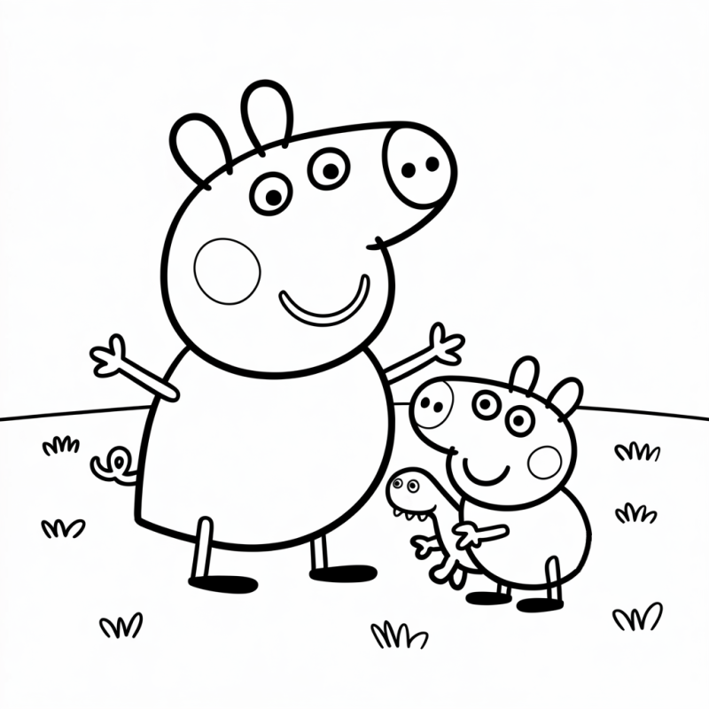 Desenho para colorir da Peppa Pig e George brincando no campo