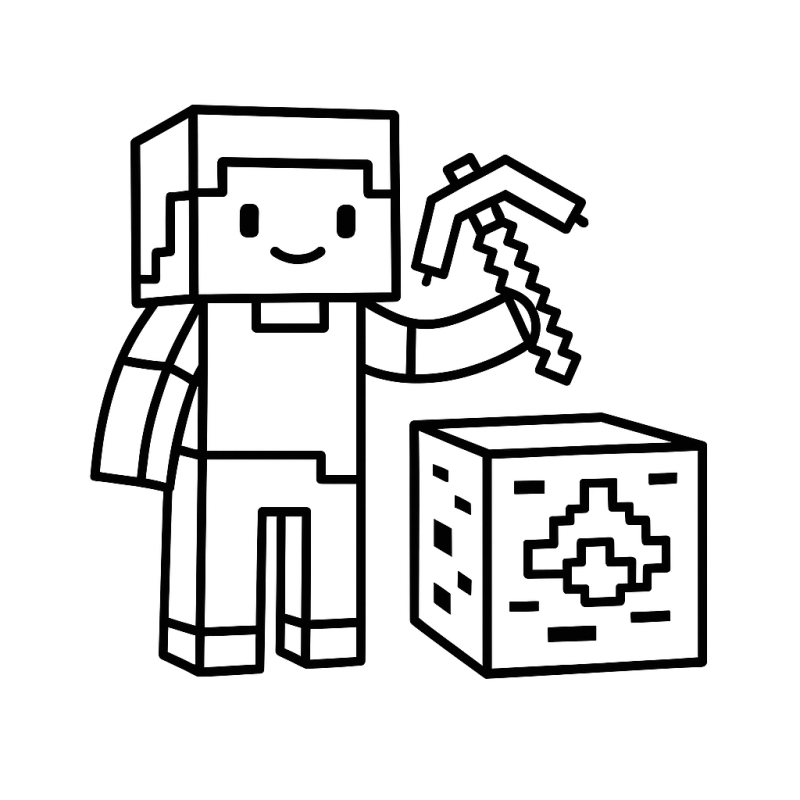 Desenho para colorir de personagem estilo Minecraft segurando picareta