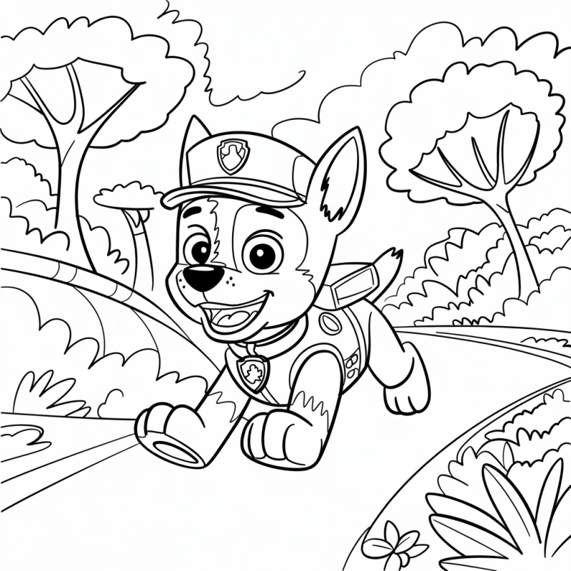 Chase, o cão patrulheiro animado, correndo em meio à natureza para colorir