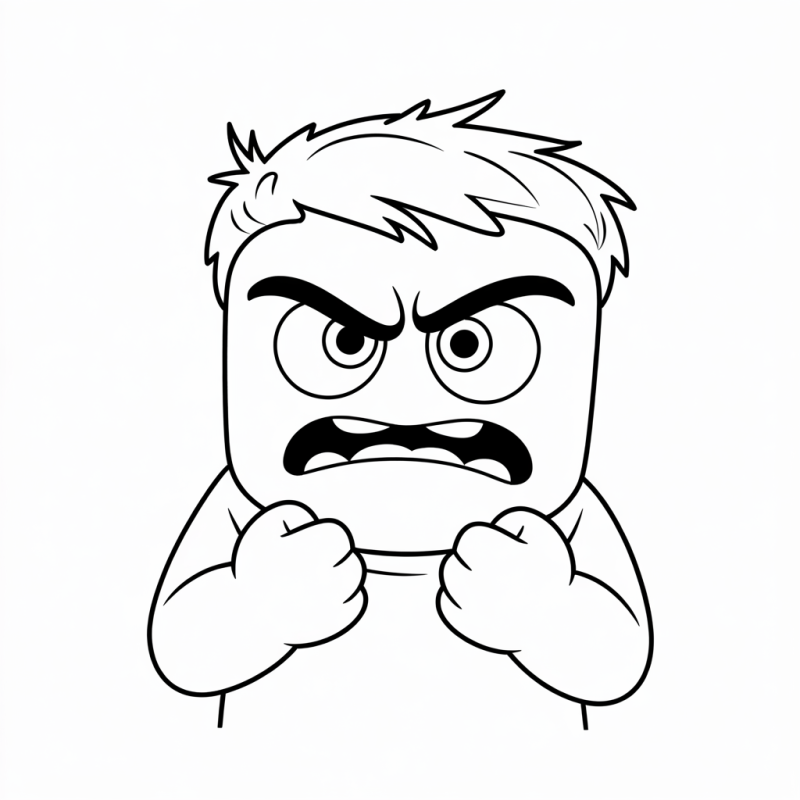 Desenho de personagem irado com expressão de raiva intensa para colorir