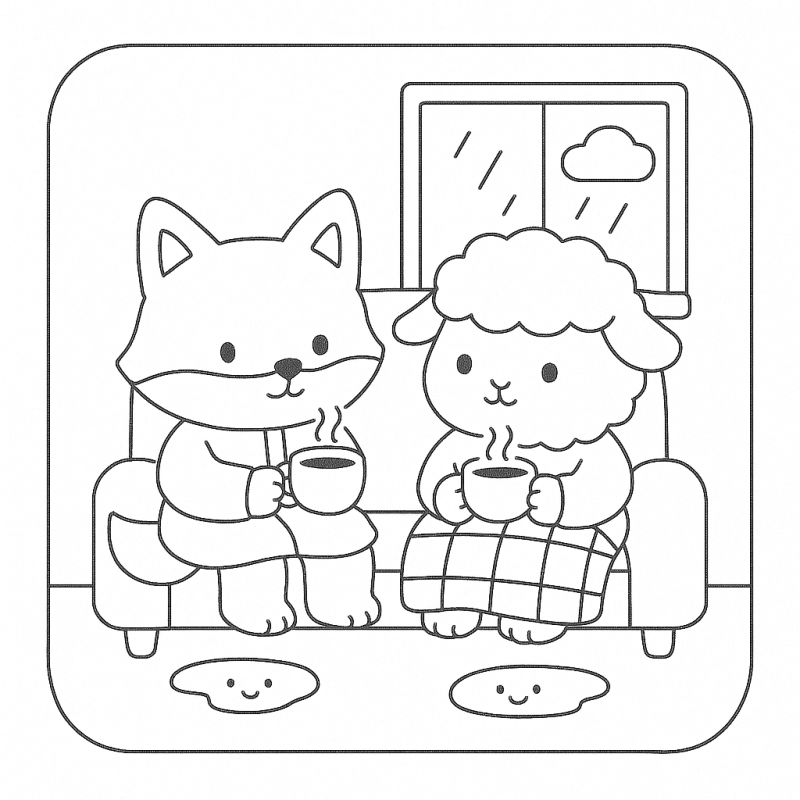 Desenho de personagens fofos relaxando no sofá para colorir