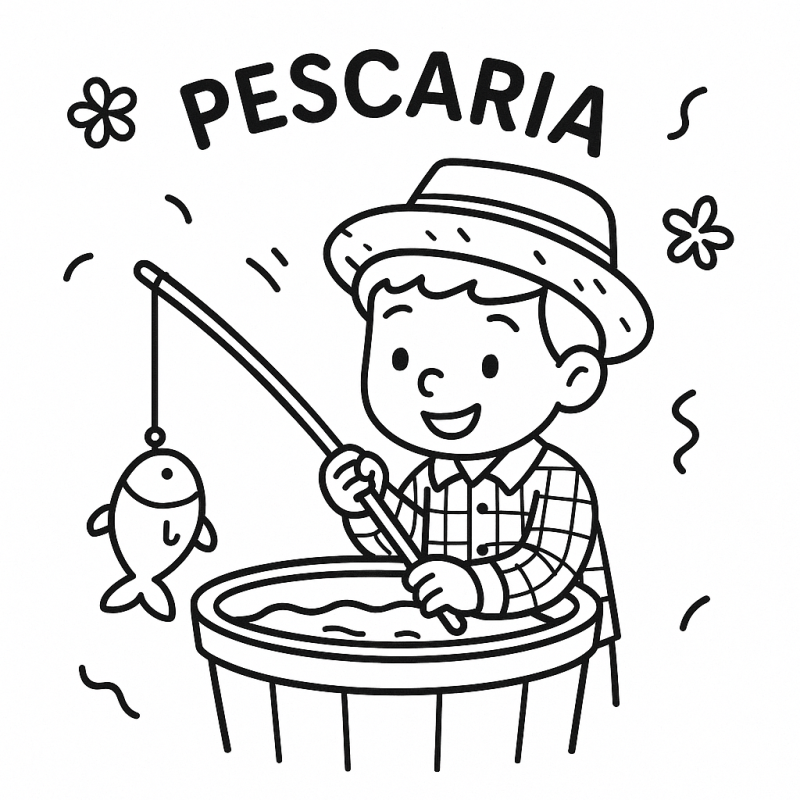 Menino sorridente em pescaria de festa junina com chapéu de palha e peixe