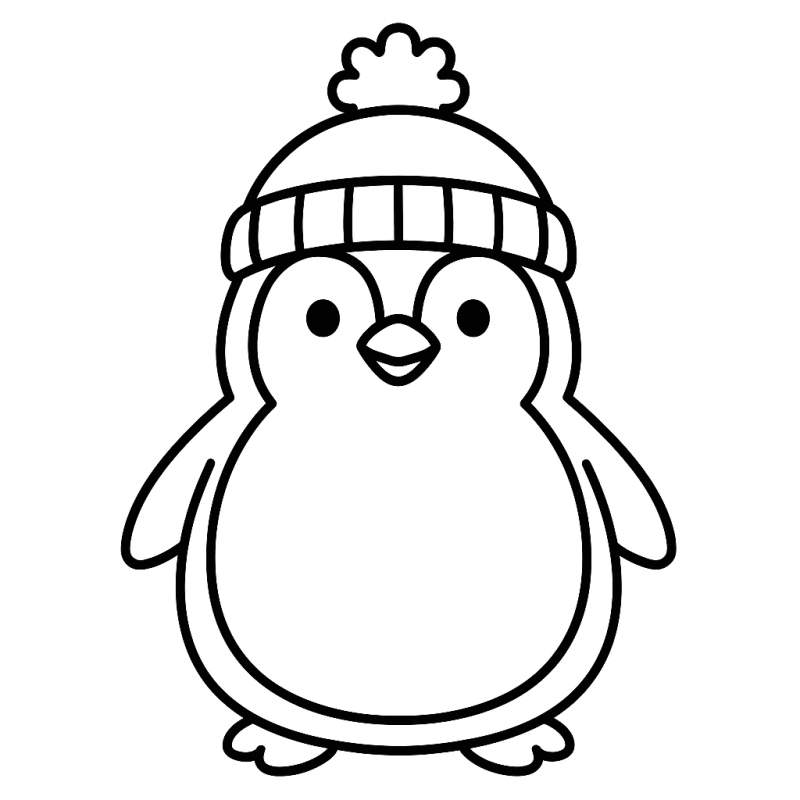 Desenho simples de pinguim de frente com gorro natalino, ideal para colorir.