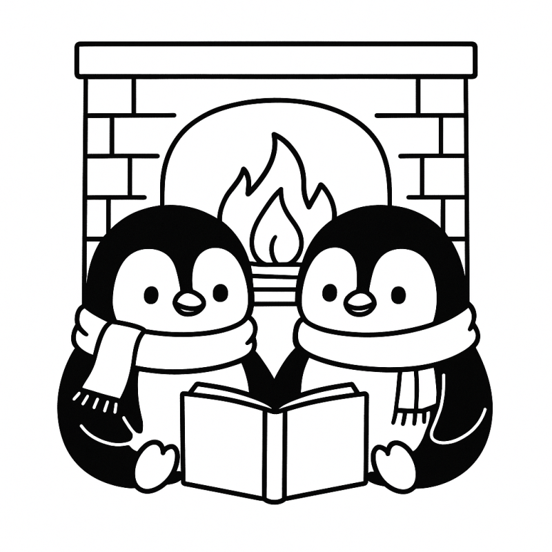 Dois pinguins aconchegantes lendo juntos ao lado de uma lareira