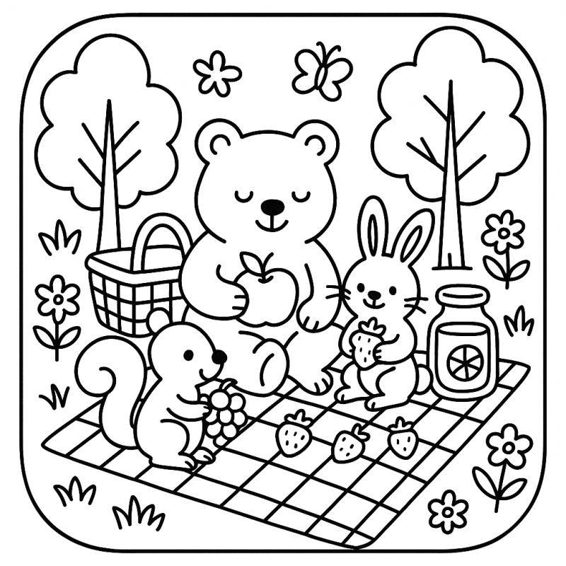 Um Encantador Piquenique no Campo para Colorir Desenho de piquenique no campo com urso, coelho e esquilo segurando frutas, estilo Boobie Goods