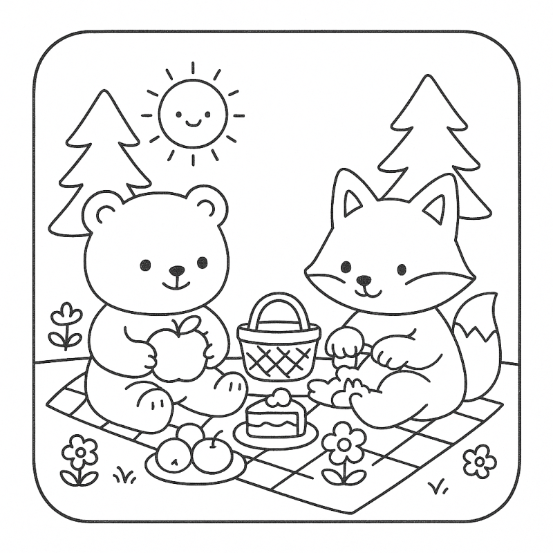 Desenho para colorir de um piquenique com ursinho e raposa em um cobertor quadriculado com cesta de piquenique e pinheiros ao fundo