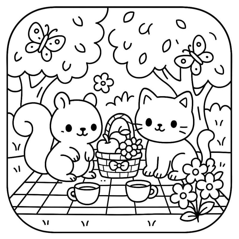 Cena de piquenique com esquilo e gato para colorir em estilo Boobie Goods