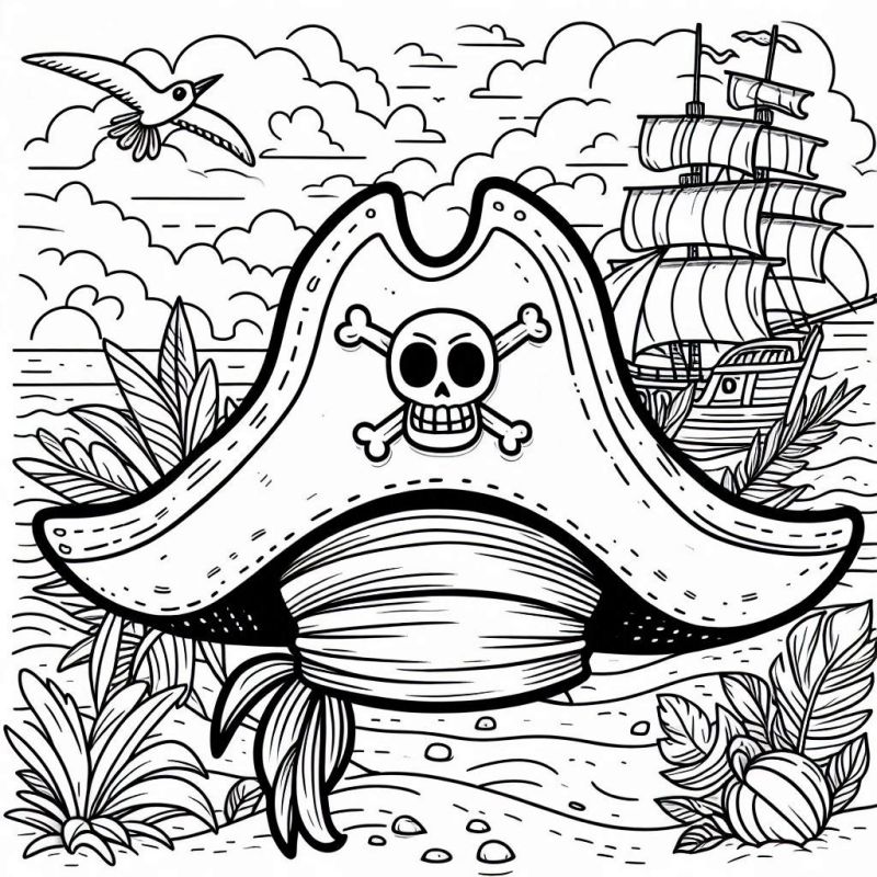 Desenho para colorir de chapéu de pirata, navio e ilha