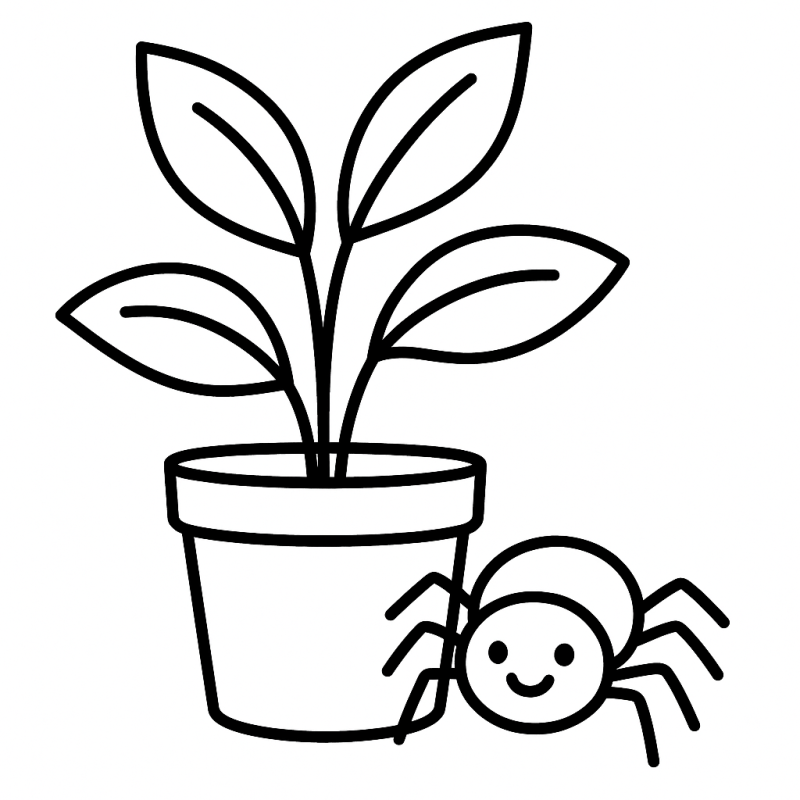 Desenho de Vaso de Planta e Aranha Sorridente para Colorir