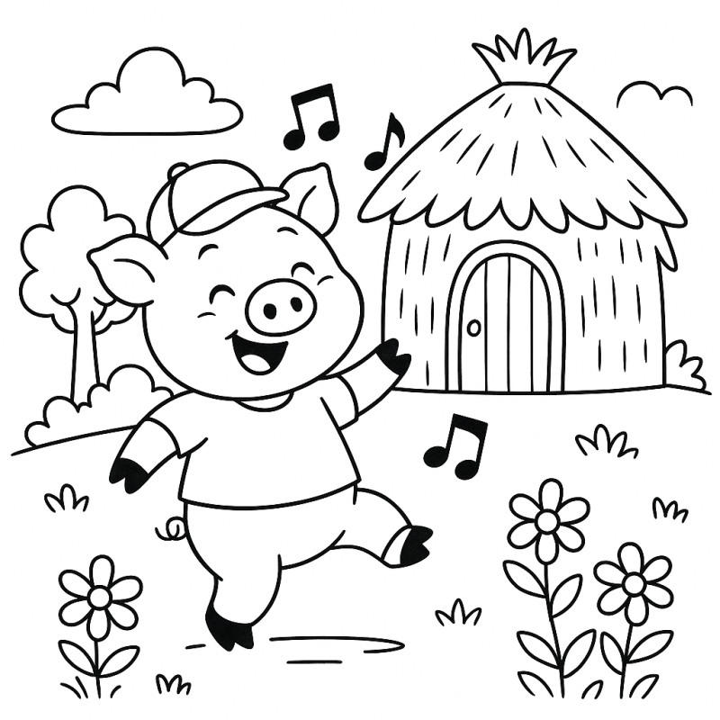 Porquinho feliz cantando ao lado de uma casinha de palha