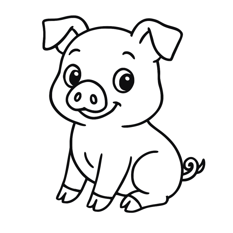 Desenho de porquinho sentado com olhar amigável e sorriso para colorir.