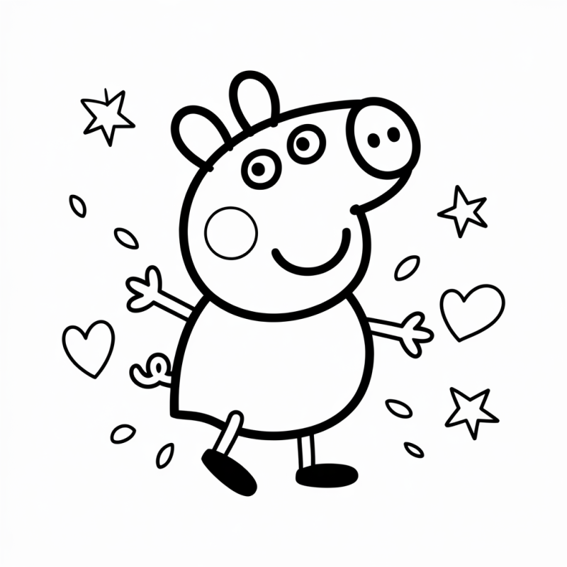 Desenho de um porquinho animado estilo Peppa Pig com elementos divertidos para colorir