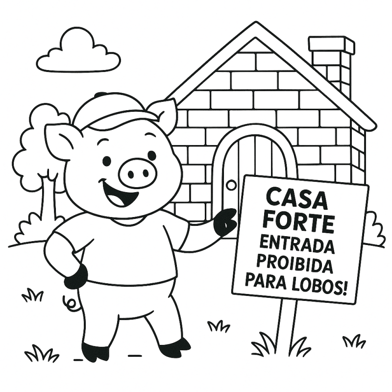 Desenho para colorir do porquinho sorridente com placa e casa forte