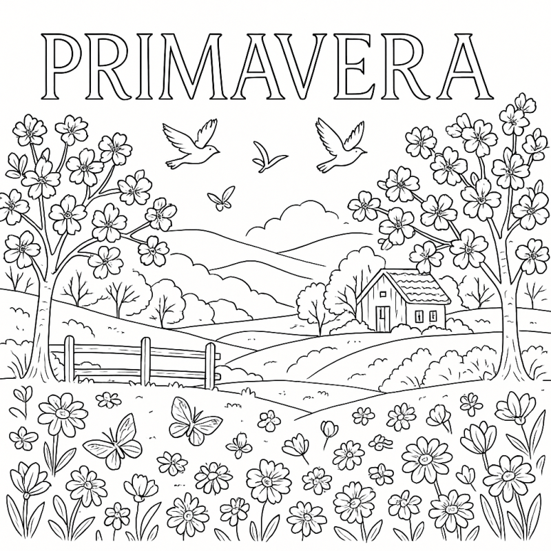 Desenho Primavera: Cena Pastoril para Colorir