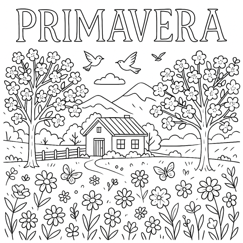 Cenário de Primavera para Colorir – Florescer e Alegria