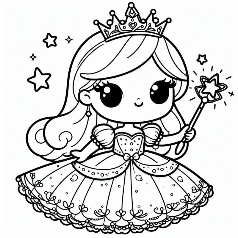 Desenho de princesa para colorir com vestido e varinha mágica