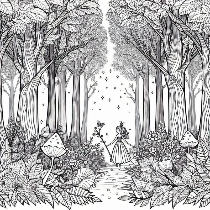 Desenho para colorir de uma princesa na floresta com borboletas, árvores e cogumelos mágicos