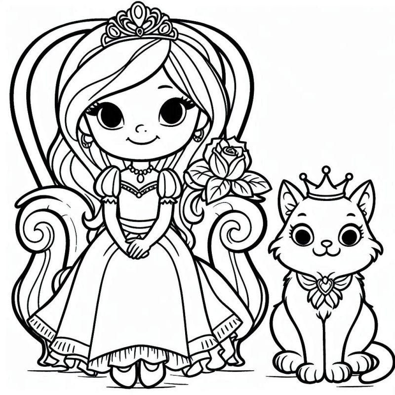 Desenho para colorir de uma princesa com seu gato usando coroas e roupas elegantes