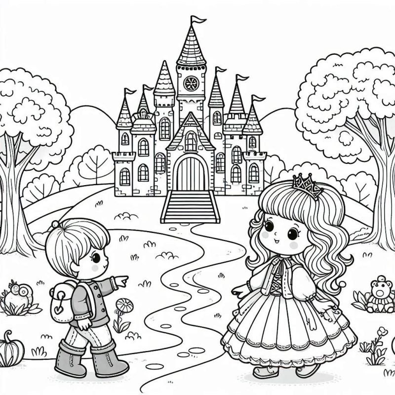 Desenho de princesa e menino com castelo para colorir