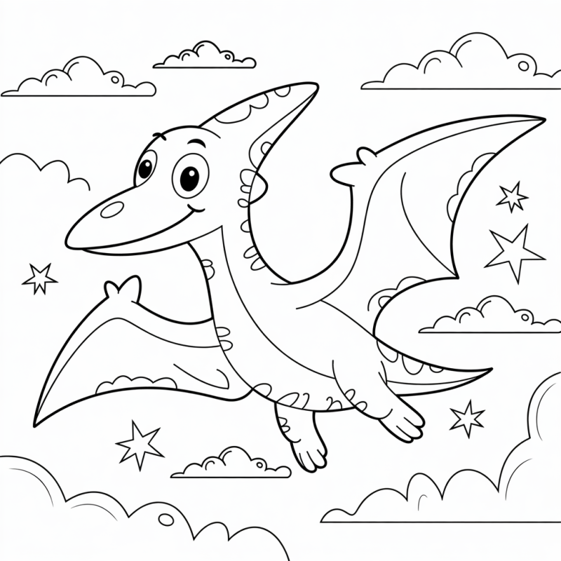 Desenho de um pterossauro voando no céu com nuvens e estrelas para colorir