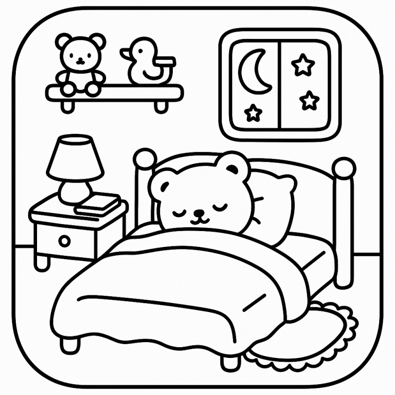 Desenho de um ambiente acolhedor com cama, ursinho de pelúcia, luminária e cenário noturno para colorir
