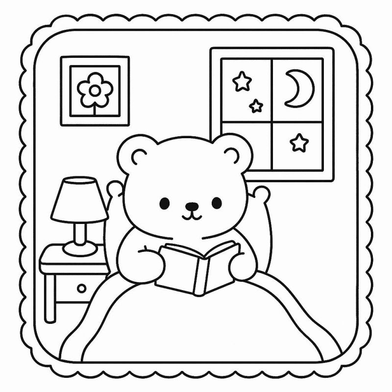 Colorir Quarto Infantil Aconchegante com Urso Leitor Desenho de quarto infantil aconchegante com urso de pelúcia lendo