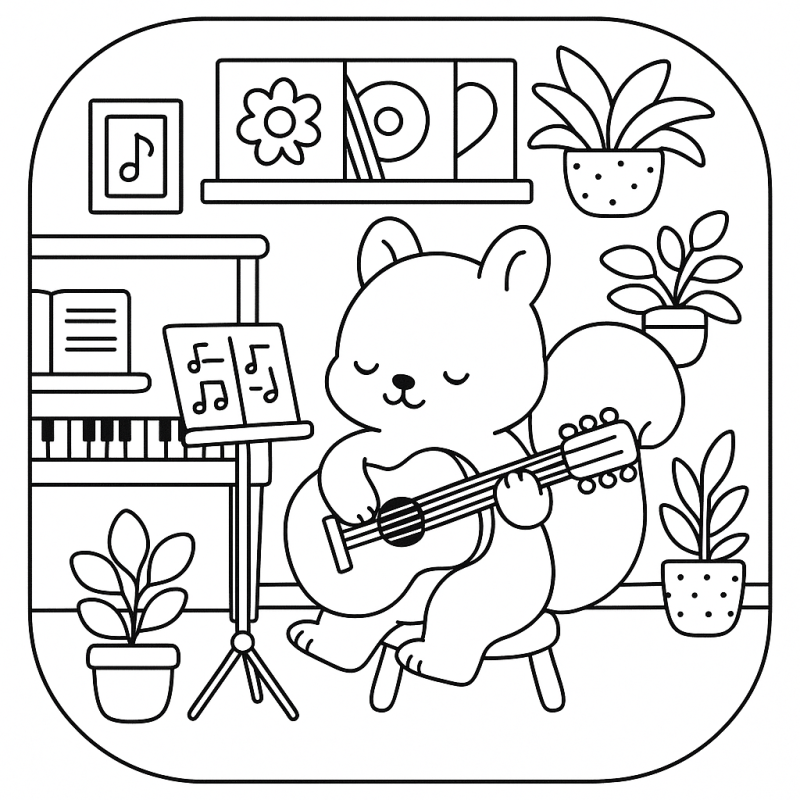 Ursinho tocando violão no estilo Boobie Goods em um quarto musical