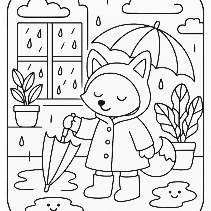 Desenho de Raposa em Dia Chuvoso - Boobie Goods para Colorir Desenho de uma raposinha em dia chuvoso com capa de chuva e guarda-chuva fechado.