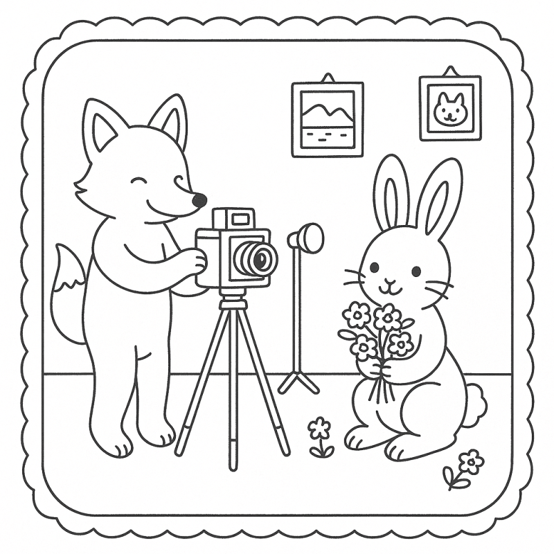 Cena de estúdio fotográfico com raposa controlando câmera e coelho com buquê