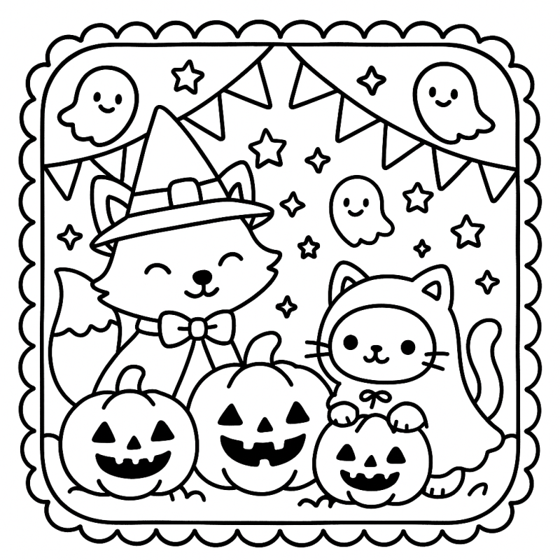 Desenho kawaii de raposo e gatinho em fantasia de Halloween para colorir