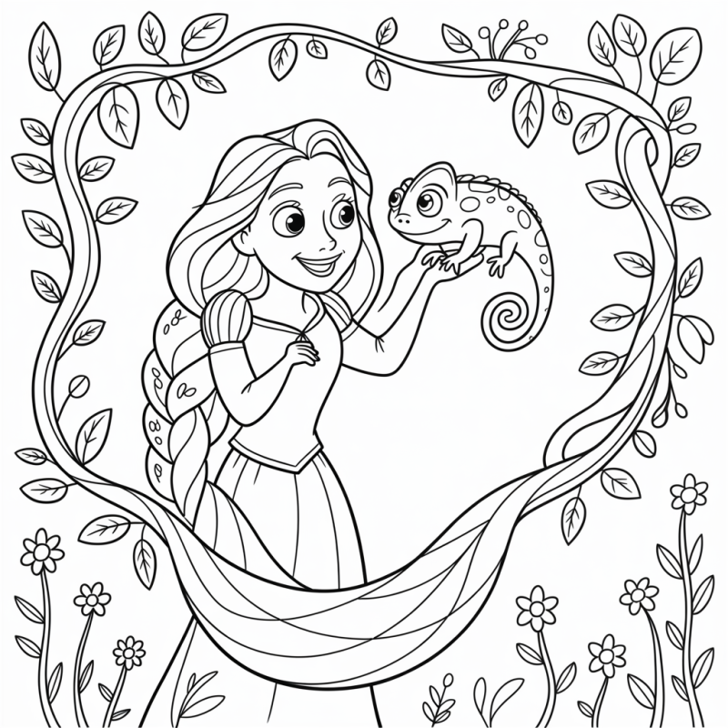 Desenho de Rapunzel sorrindo para Pascal em meio a um cenário de conto de fadas