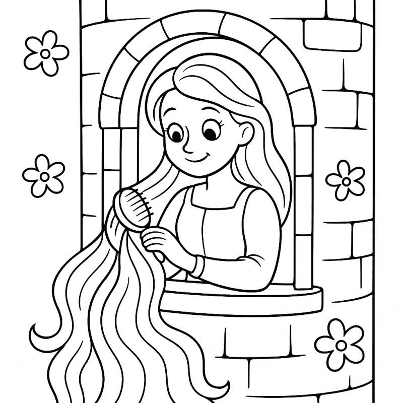 Desenho de Rapunzel sorrindo na janela da torre com cabelos longos esvoaçantes