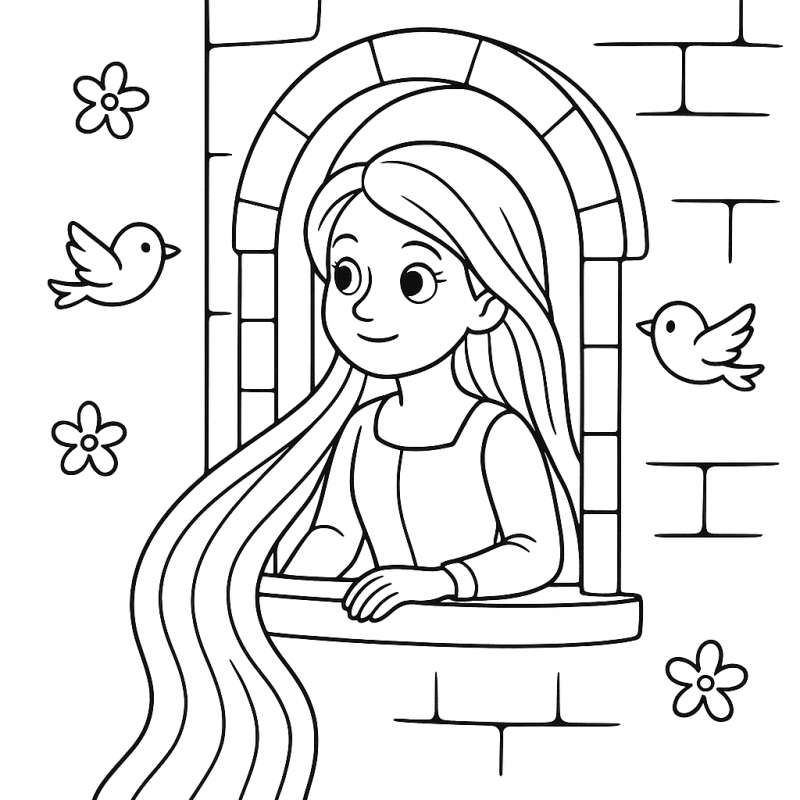 Desenho da Rapunzel sorrindo na janela da torre com pássaros e flores