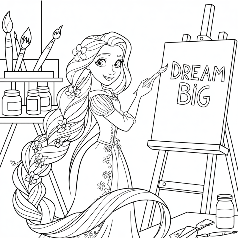 Rapunzel sorrindo ao lado de um cavalete com pincéis e flores em seu cabelo.