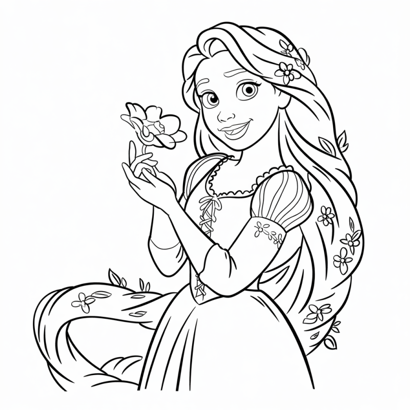 Desenho de Rapunzel com cabelo longo decorado com flores para colorir