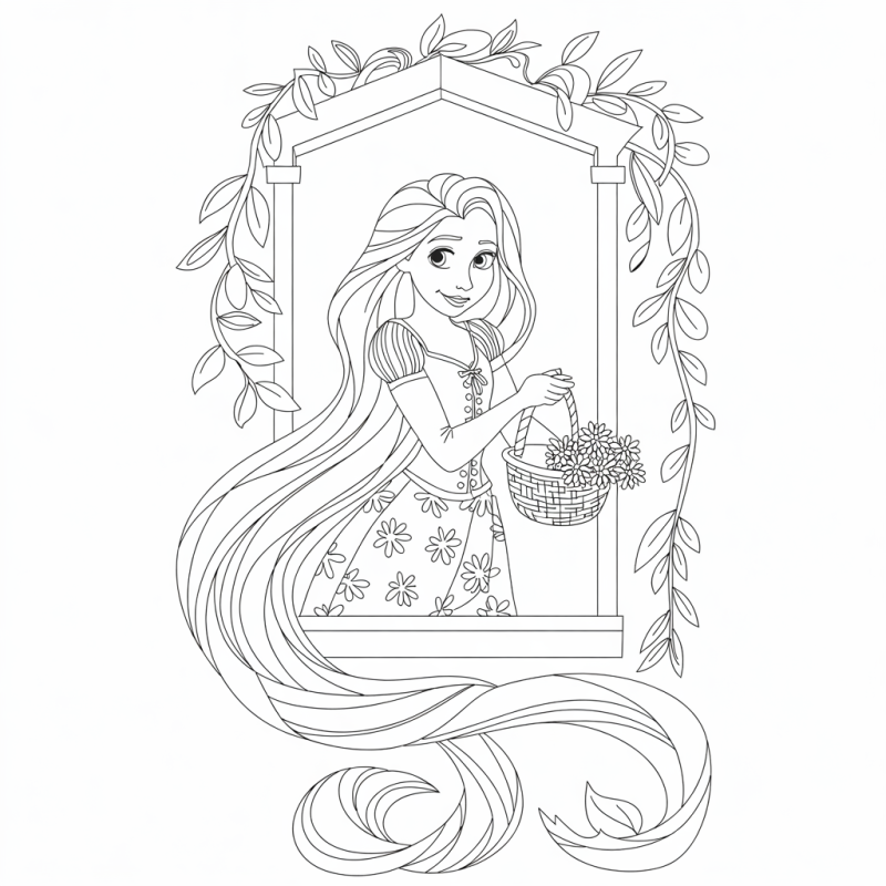 Desenho de Rapunzel em uma janela decorada, segurando uma cesta de flores.