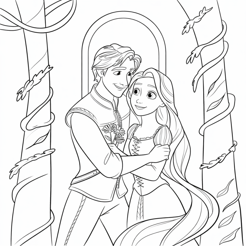 Rapunzel e Flynn Rider abraçados em um jardim mágico para colorir