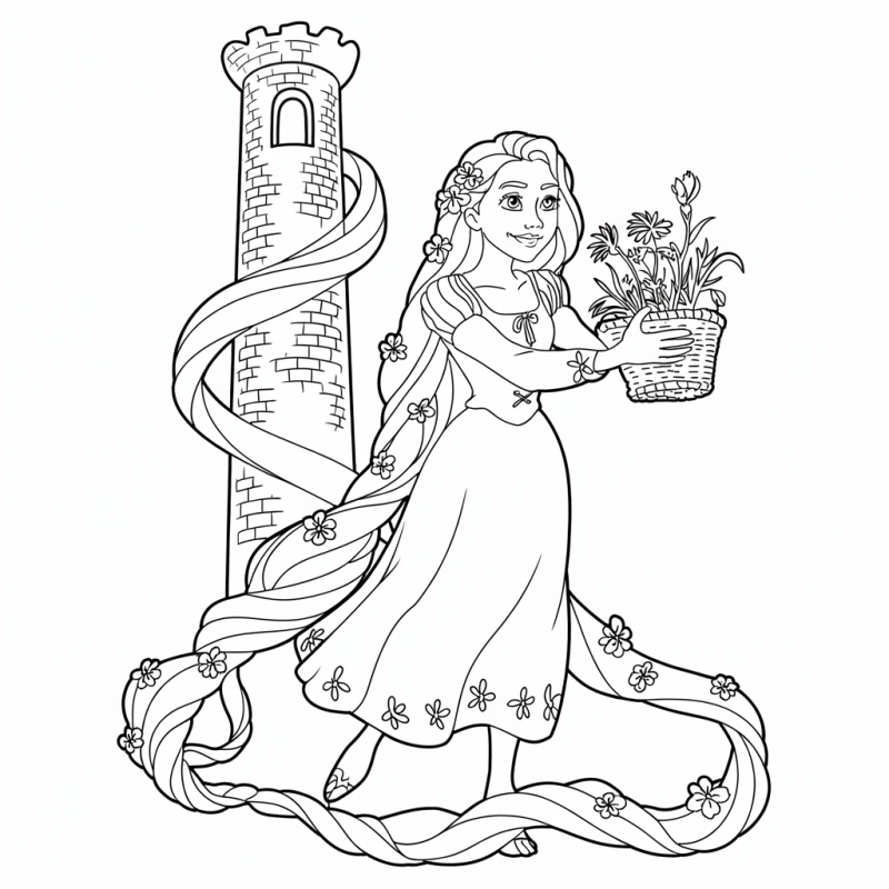 Desenho de Rapunzel com cabelos longos em torno da torre, segurando um cesto de flores para colorir.
