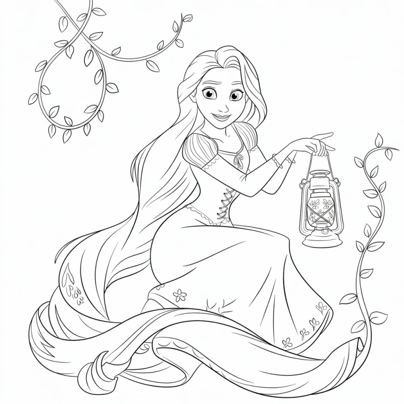 Rapunzel segurando lanterna com padrão floral, cercada por trepadeiras mágicas.