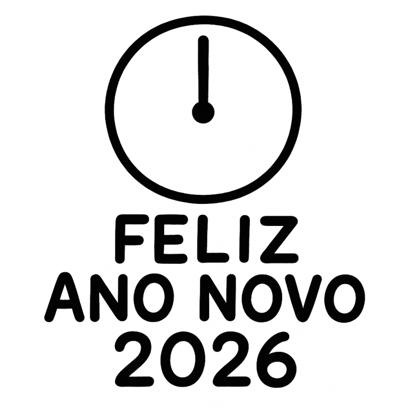 Desenho de um relógio festivo com a frase Feliz Ano Novo 2026 para colorir