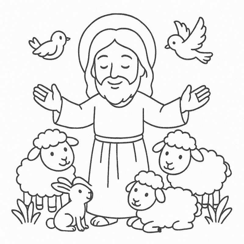 Desenho de Jesus abençoando animais com expressão serena